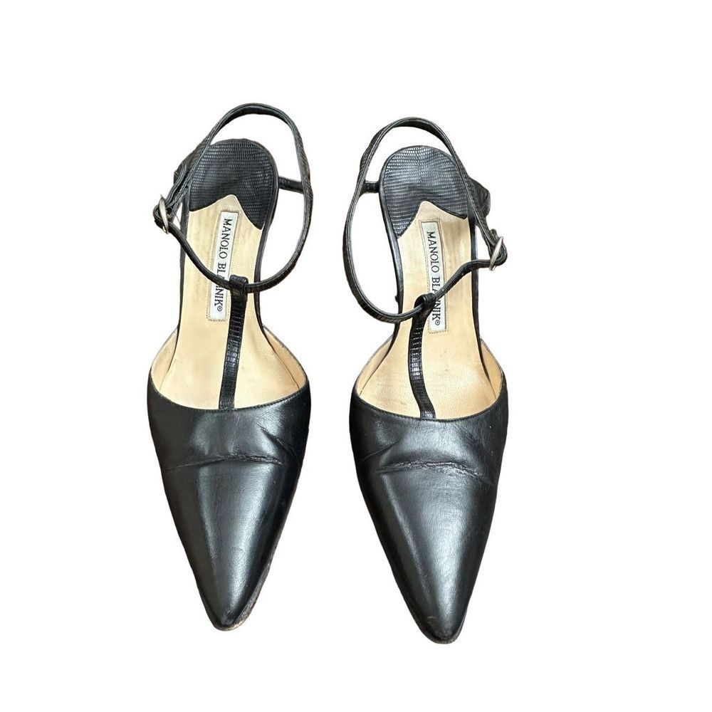 Manolo Blahnik Black Leather Pointed Toe Ankle Strap Pumps Size 36